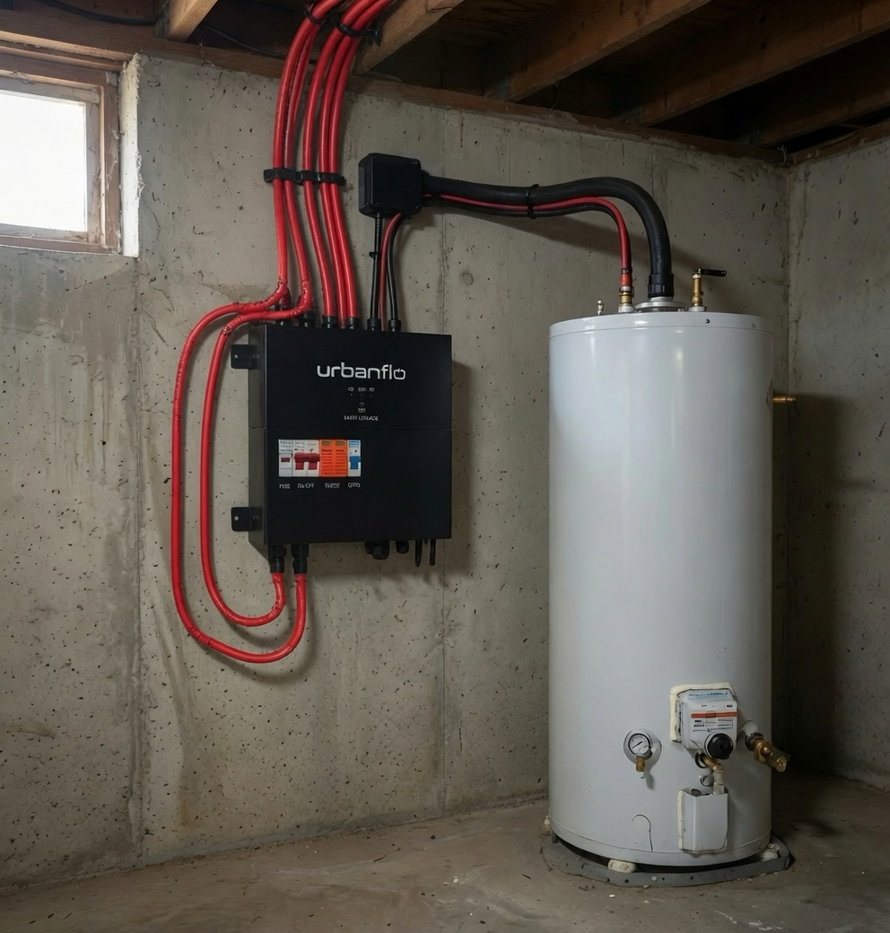 UrbanFlo inverter mounted next to a water heater